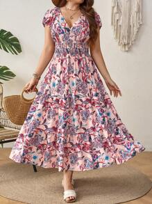 Breezaya Plus Size Women Vacation Floral Print Long Elegant Dress With Bubble Sleeves And Waist Tie Maxi Women Outfit