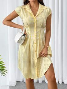 SHEIN Privé Robe chemise à carreaux jaunes pour femmes, décontractée et élégante avec ceinture, pour tous les jours, plage, rendez-vous ou pique-nique - Jaune citron - Voir 8