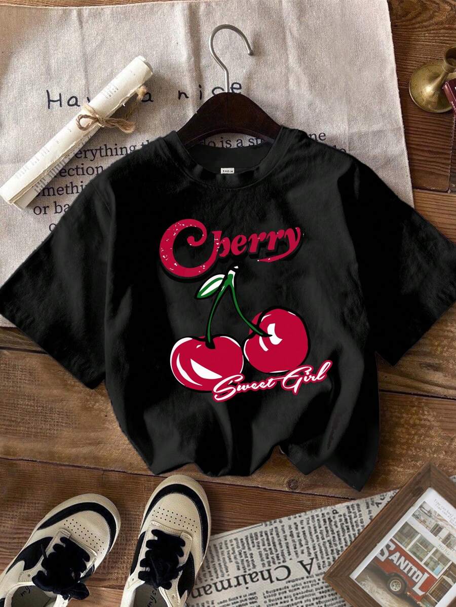 SHEIN Leap Crew Teen Girls' Casual Vintage Cherry Print Short Sleeve T-Shirt, Cotton Blend, Suitable For Summer - Black - View 1