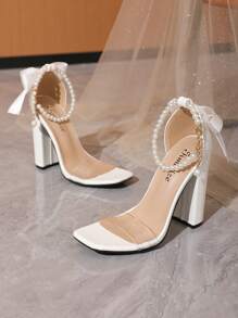 Timesize Sandalias transparentes con tirantes invisibles para mujeres, sandalias blancas > Sandalias con tacón grueso para mujer, zapatos para trabajo, zapatos formales, zapatos de boda, zapatos de vestir para mujer, zapatos de oficina, zapatos de verano, sandalias de tacón alto, nuevos modelos para el Día de San Valentín - Blanco - Ver 4