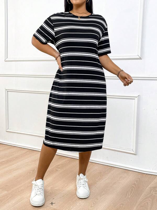 SHEIN EZwear Women Plus Size Summer Black And White Striped Slim Fit Short Sleeve Round Neck Dress