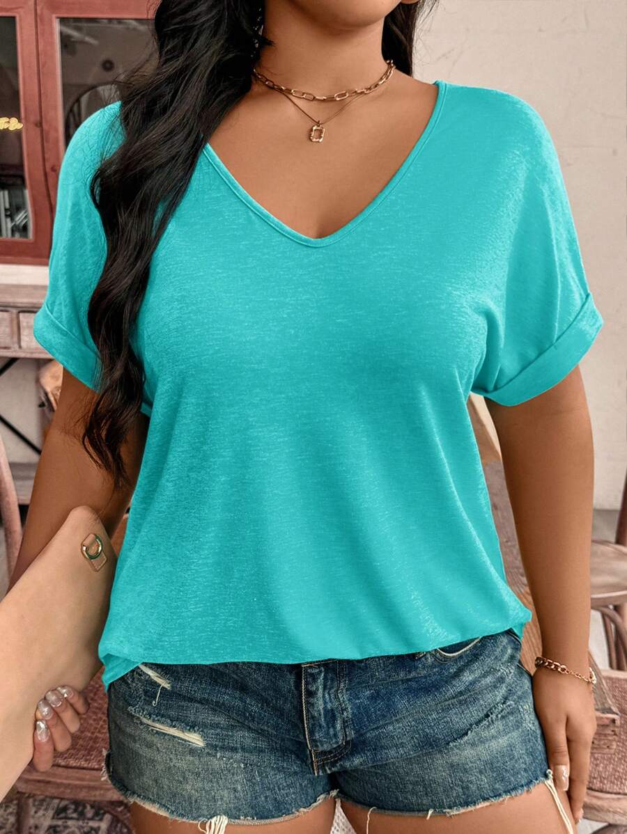 SHEIN LUNE 大码度假个性化休闲纯色蝙蝠袖T恤 - 青碧色 - 查看 1