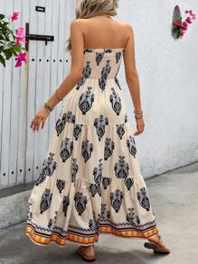 SHEIN VCAY Women Strapless Printed Elegant Dress With Bust Pleats Design