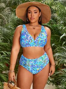 SHEIN Swim Curve Summer Beach Plus Size Women Fashionable Swimming Suit Bikini Set With Random Print