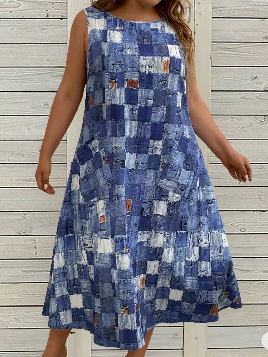 EMERY ROSE Plus Size Nữ Chắp Vá In Cổ Tròn Form Rộng Không Tay Có Túi, Mùa Hè - Màu xanh lam - Xem 1