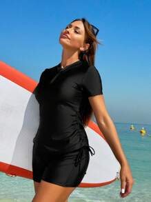 Swim SPRTY Summer Beach Women Solid Color Simple Short Sleeve Surfing Suit