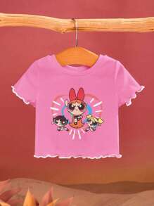 THE POWERPUFF GIRLS X SHEIN Baby Girl Cartoon Print Contrast Lettuce Trim Rib-Knit Crop Top, Summer