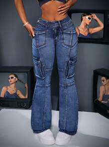 SHEIN ICON 女性時尚設計牛仔褲，附帶裝飾口袋