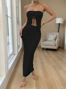 Chiquease 女士时尚不对称下摆露肩两件套性感连衣裙 - 黑色 - 查看 4