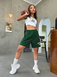SHEIN Unity 字母圖案背心上衣和斜口袋短褲 - 墨綠色 - 查看 6