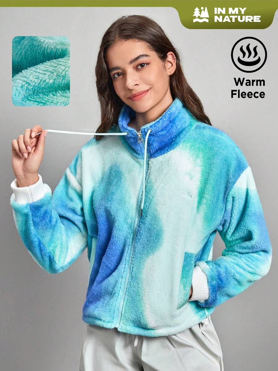 In My Nature Tie Dye Drop Shoulder Zipper Fleece Jacket - Multicolor - View 1