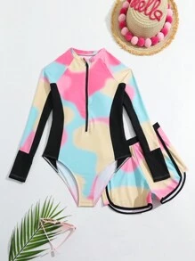 SHEIN Teen Girl Colorful Printed One-Piece Swimsuit With Half Zipper And Swimming Trunks