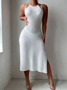 SHEIN Swim Women Beach Holiday Solid Color Side Slit Backless Cami Cover Up Dress Summer - White - View 3