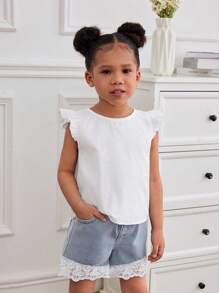 SHEIN Young Girls' White Top And Blue Denim Shorts 2-Piece Set - Blue and White - View 6