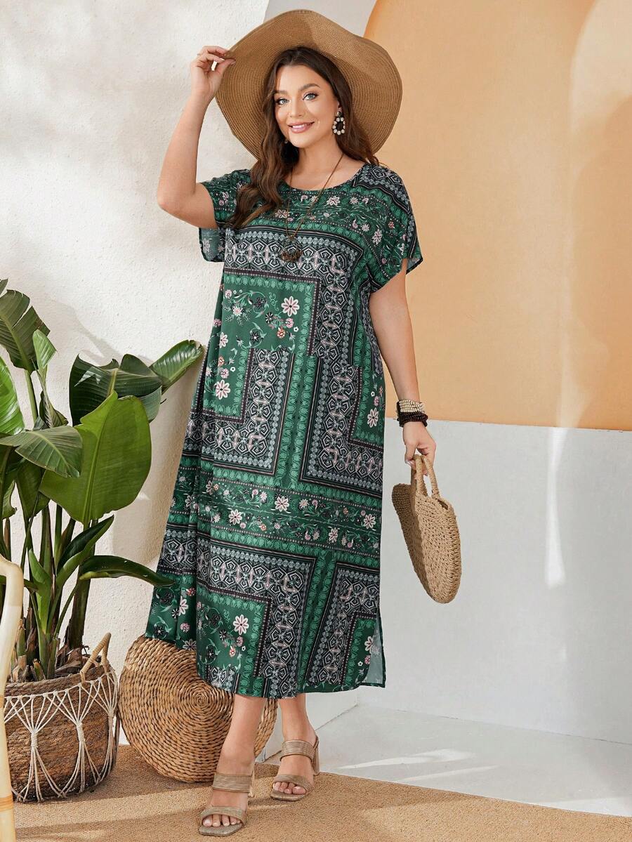 EMERY ROSE Plus Size In hoa ngắn tay đi nghỉ thường ngày - màu xanh lá - Xem 1