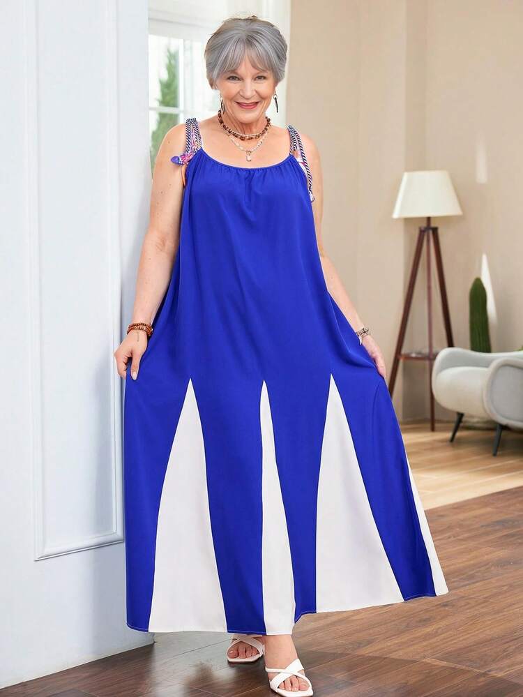 Plus Size Women's Stylish Blue And White Striped Round Neck Belted Loose Dress For Summer