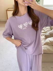 DAZY Heart Print Round Neck Short Sleeve Top And Long Pants Simple Loose Homewear Set Pajama - Purple - View 7