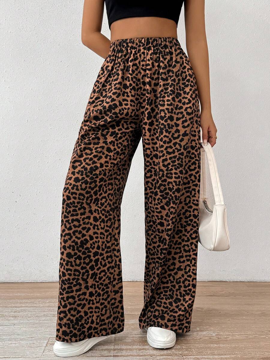 SHEIN EZwear 女式彈性腰寬腿豹紋寬鬆長褲 - 彩色 - 查看 1