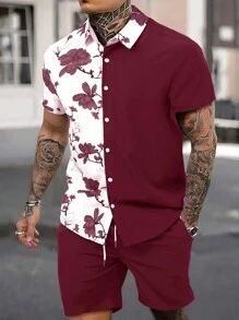 Manfinity Homme Men 2pcs Contrast Flower Print Shirt & Shorts Casual Summer Set Random Print