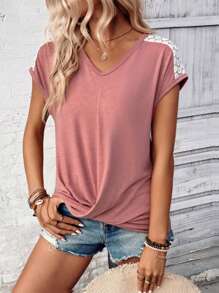 SHEIN LUNE Women Solid Color Simple Lace Decor Daily T-Shirt
