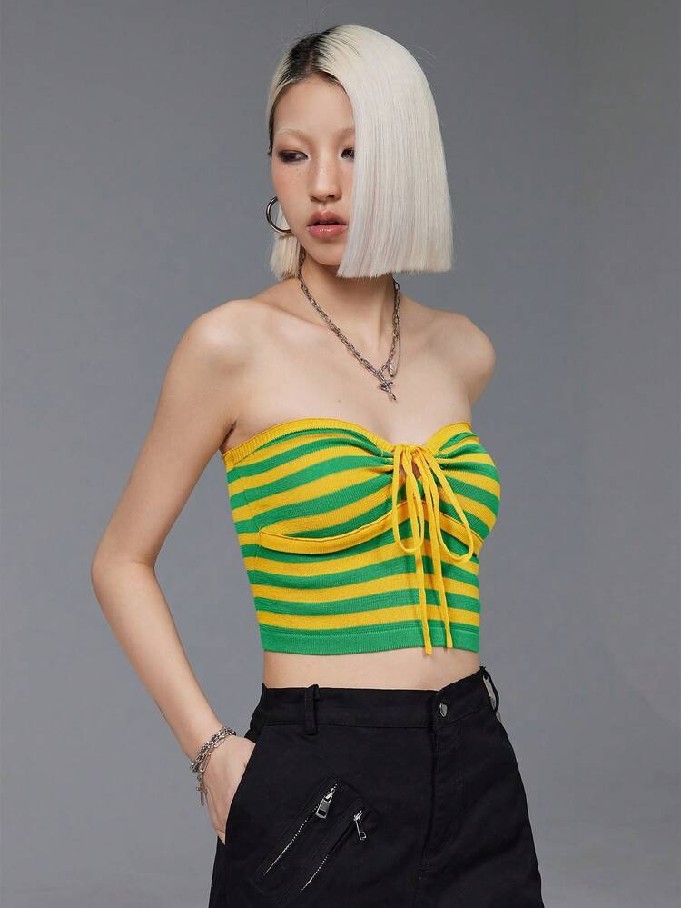 Women's Casual Stripe Front Tie Crop Top With Knitted Material