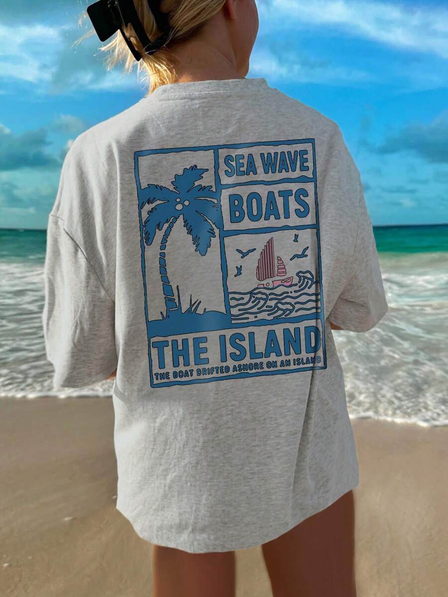 女款夏季海浪船岛棕榈树印花圆领短袖休闲深花灰色T恤日常百搭时尚度假风 - 灰色 - 查看 1