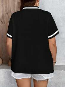 SHEIN LUNE 大码 T 恤拉链 Polo 领 T 恤，肩部有黑色饰边和华夫格图案设计，短袖，透气有弹性的面料，适合夏季