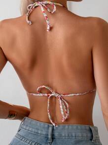 SHEIN Swim Floral Print Halter Tie-Back Bikini Top, Perfect For Vacation And Pool Party,Summer Beach - Multicolor - View 2