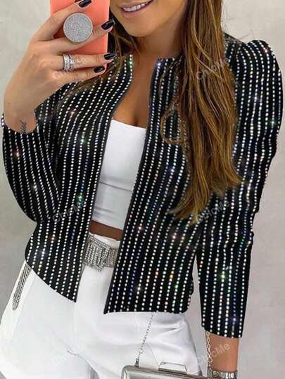 ChicMe Chaqueta de fiesta de ajuste entallado con mangas abombadas con lentejuelas, ropa exterior brillante y con estilo
