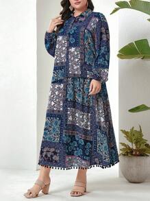 Mulvari Ensemble deux pièces Grande Taille Chemisier à manches longues imprimé patchwork avec ourlet à franges et jupe longue pour vacances et loisirs