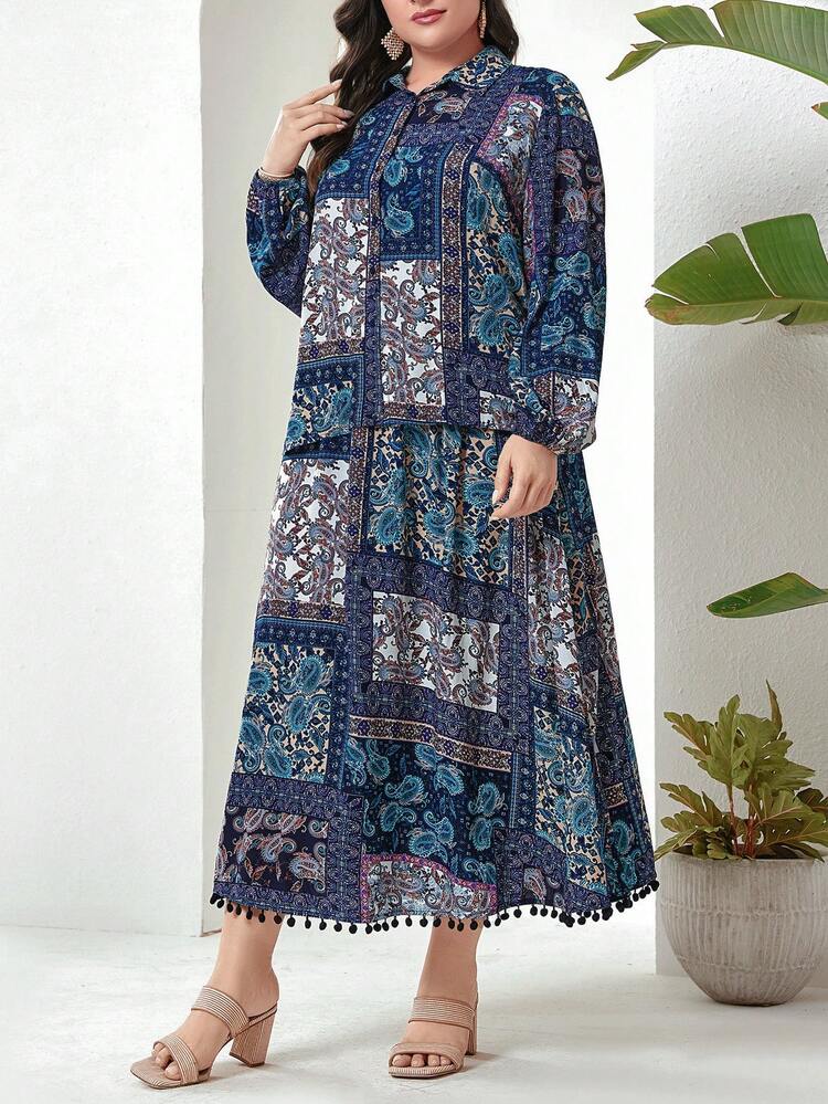 Plus Size Patchwork Printed Long Sleeve Shirt With Tassel Hem And Long Skirt Two Pieces Set For Vacation And Leisure