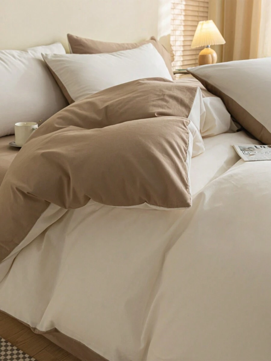 3pcs Beige & Deep Coffee Tone Bedding Duvet Cover And Pillow Sham Set - White - View 1