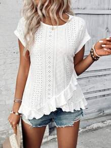 SHEIN LUNE Áo nữ cổ tròn họa tiết hoa, viền bèo nhún, thích hợp mặc hàng ngày vào mùa xuân và mùa hè. - trắng - Xem 5