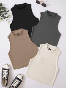 Flirla Plus 4pcs Solid Ribbed Knit Tank Top - Multicolor - View 1