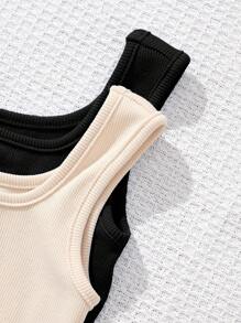 SHEIN Young Girl Street Style Knitted Solid Color Bodysuit, 2pcs/Set, Spring/Summer - Black - View 6