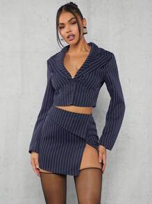 Hauture Striped Print Lapel Neck Crop Blazer & Split Hem Skirt - Biru - View 6