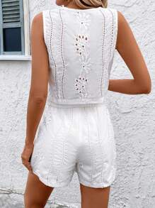 SHEIN Clasi 镂空刺绣纯色V领前扣背心和短裤夏季休闲两件套服装 - 白色 - 查看 2