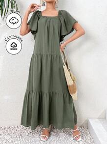 Mulvari 短袖方領地長女裝連衣裙 - 綠色 - 查看 4