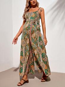 SHEIN 孕婦度假波西米亞寬腿連身褲，洋香草印花細肩帶 - 彩色 - 查看 5