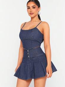 Denimoi Conjunto de 2 piezas de top de tiras y falda de denim a rayas