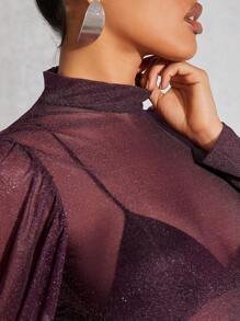 Hauture 假領襯衫領燈籠袖魚尾擺網紗裙,不含胸圍 - 紫色 - 查看 5