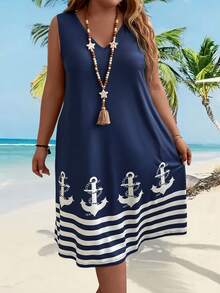 EMERY ROSE 夏季加大尺碼女性V領無袖海軍圖形簡單印花連衣裙 - 藏蓝色 - 查看 3