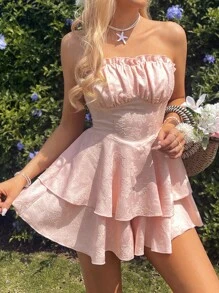 Breezaya Ladies' Woven Jacquard Fabric Layered Ruffle Hem Sunflower Swing Romper  Women Jumpsuits - Pink - View 1