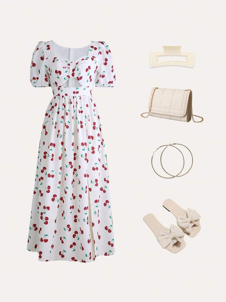 Teen Girl Cherry Print Ruched Bust Puff Sleeve Bow Split Dress Mommy And Me Matching Outfits(2 Pieces Are Sold Separately)