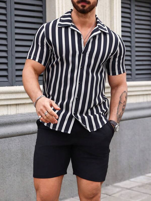 Manfinity Homme Men's Striped Short Sleeve Shirt And Shorts Casual Set , Graphic , Urban , Husband , Colorful , Basic