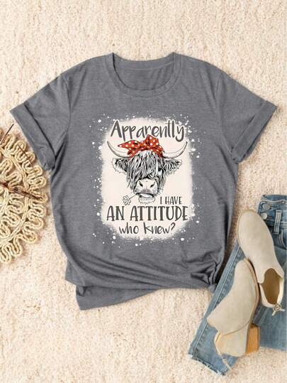 Calvaya Plus Size Women Summer Cow Printed Round Neck Short Sleeve Casual T-Shirt With Slogan Apparently I HAVE AN ATTITUDE Who Knew Graphic Tees Women Tops