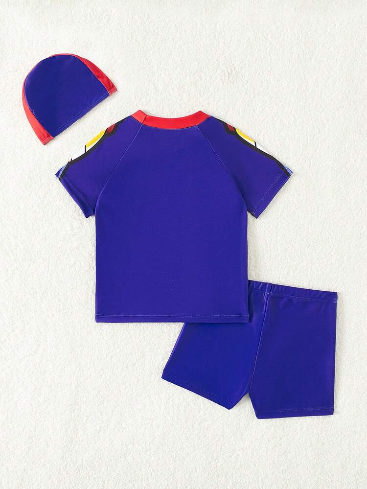 Young Boy Cartoon Printed Crew Neck Raglan Sleeve Top And Boxer Briefs Casual Swimming Costume Set