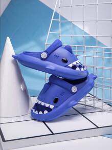 1 Đôi Trẻ Em Hoạt Hình Cá Mập Mở Mũi Giày Nhẹ, Co Giãn, Chống Trơn Trượt, Eva Vườn & Đi Biển Dép Cá Mập Trượt - Xanh đậm - Xem 3