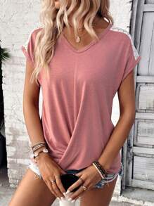 SHEIN LUNE Women Solid Color Simple Lace Decor Daily T-Shirt