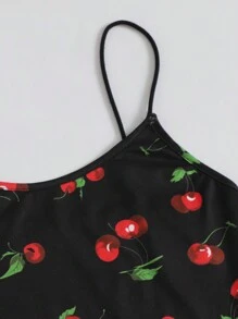 SHEIN EZwear Cherry Print Cami Bodysuit - Black - View 5